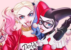 Rule 34 | 1girl, 2girls, absurdres, alan campos, batman (series), blonde hair, blue eyes, dc comics, dccu, dual persona, earrings, eyeshadow, female focus, harley quinn, highres, jewelry, lipstick, looking at viewer, makeup, mask, multiple girls, multiple persona, open mouth, red lips, simple background, suicide squad, tongue, tongue out, twintails