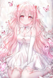 Rule 34 | 1girl, absurdres, bare shoulders, blurry, blurry foreground, blush, breasts, bug, butterfly, cleavage, commentary, detached collar, detached sleeves, dress, hair ribbon, high heels, highres, insect, long hair, looking at viewer, medium breasts, original, parted lips, pink butterfly, pink eyes, pink hair, ribbon, sitting, symbol-only commentary, tsumugi 8345, very long hair, wariza, wavy hair, white dress, white footwear, white ribbon, white sleeves, window