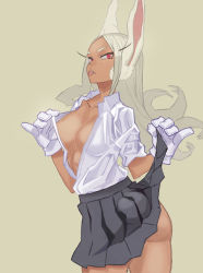Rule 34 | 1girl, :p, animal ears, ass, boku no hero academia, breasts, brown background, cleavage, dark-skinned female, dark skin, eyelashes, gloves, long hair, looking at viewer, mirko, open clothes, parted bangs, pleated skirt, rabbit ears, rabbit girl, red eyes, school uniform, simple background, skirt, solo, tongue, tongue out, white gloves, white hair, yuuki (irodo rhythm)