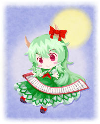 Rule 34 | 1girl, black footwear, blue background, blush stickers, chibi, closed mouth, commentary request, dress, ex-keine, footwear ribbon, full body, full moon, gradient eyes, green dress, green hair, highres, horn ornament, horn ribbon, horns, kamishirasawa keine, looking at viewer, moon, multicolored eyes, open hands, petticoat, red eyes, red neckwear, red ribbon, ribbon, ryuu-g, scroll, shoes, smile, solo, touhou, two-tone background, white background, white legwear