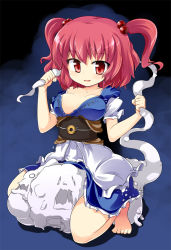 Rule 34 | 1girl, barefoot, breasts, cleavage, female focus, ghost, hair bobbles, hair ornament, mamo williams, onozuka komachi, red eyes, red hair, short hair, solo, squatting, straddling, touhou