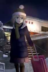 Rule 34 | 10s, 1girl, black background, black footwear, blonde hair, blue coat, blue eyes, blurry, blurry foreground, bobblehat, breath, briefcase, brown scarf, building, casual, coat, depth of field, footprints, fringe trim, fusou (fuso0205), girls und panzer, hat, highres, holding, katyusha (girls und panzer), location request, long sleeves, medium skirt, night, night sky, pantyhose, pink skirt, red hat, rolling suitcase, scarf, skirt, sky, snow, solo, stairs, statue, suitcase, translation request, winter, winter clothes