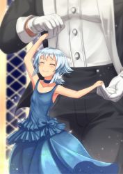 Rule 34 | 1boy, 1girl, ^ ^, armpits, arms up, black pants, blue choker, blue dress, blue hair, blurry, blurry background, blush, choker, closed eyes, closed mouth, collarbone, commentary request, dancing, dress, evening gown, flat chest, frilled dress, frills, giant, glint, gloves, indoors, long hair, long sleeves, low ponytail, out of frame, pants, pixiv fantasia, pixiv fantasia revenge of the darkness, sasebono mari, shirt, size difference, sleeve cuffs, sleeveless, sleeveless dress, smile, solo focus, white gloves, white shirt, window