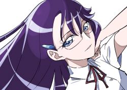 Rule 34 | 1girl, absurdres, arm up, blue eyes, collared shirt, glasses, hair ornament, hairclip, heartcatch precure!, highres, light smile, long hair, looking at viewer, precure, purple hair, red ribbon, ribbon, rimless eyewear, school uniform, shirt, short sleeves, simple background, solo, tsukikage oyama, tsukikage yuri, upper body, white background
