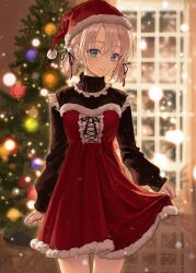 Rule 34 | 1girl, black sweater, braid, braided hair rings, christmas, christmas tree, closed mouth, cover, cover page, dress, frills, green eyes, hair ornament, hat, highres, indoors, light smile, long sleeves, looking at viewer, official art, r o ha, red dress, red hat, santa hat, shimotsuki-san wa mob ga suki, shimotsuki shiho, smile, solo, standing, sweater, turtleneck, turtleneck sweater, white hair, window