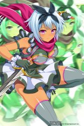 Rule 34 | 1girl, absurdres, afterimage, artist request, blue hair, blush, bow, breasts, closed mouth, company connection, dagger, dark-skinned female, dark skin, dress, dual wielding, grey thighhighs, hair bow, highres, holding, holding weapon, irma (queen&#039;s blade), irma (queen&#039;s blade unlimited), knife, medium breasts, official art, pink eyes, queen&#039;s blade, queen&#039;s blade unlimited, queen&#039;s blade white triangle, reverse grip, scarf, short dress, short hair, short sword, skindentation, solo, sword, thighhighs, thighs, weapon