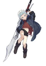 Rule 34 | 1boy, aged down, arm up, black shorts, blue eyes, blue jacket, boots, brown footwear, child, closed mouth, devil may cry (series), fingerless gloves, full body, gauntlets, gloves, gougougougou, head tilt, highres, holding, holding sword, holding weapon, huge weapon, jacket, jewelry, jumping, long sleeves, looking at viewer, male focus, midriff, navel, necklace, nero (devil may cry), open clothes, open jacket, pendant, red shirt, shirt, short hair, shorts, smile, solo, sword, torn clothes, torn shirt, weapon, white background, white hair