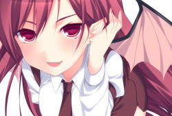 Rule 34 | 1girl, :d, blush, brown necktie, earrings, fang, female focus, jewelry, kabata (mechisan), koakuma, leaning forward, long hair, long sleeves, looking at viewer, nail polish, necktie, open mouth, pointy ears, red eyes, red hair, red nails, shirt, smile, solo, stud earrings, touhou, white shirt, wings