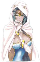 Rule 34 | &lt;o&gt; &lt;o&gt;, 1girl, arm wrap, armlet, armor, bandaged arm, bandages, black hair, blanket, blue armor, blush, bracelet, breastplate, breasts, bridal gauntlets, circlet, cleavage, cosplay, dark-skinned female, dark skin, fate/grand order, fate (series), forehead jewel, green eyes, hand on own chest, hood, jewelry, large breasts, long hair, looking at viewer, medjed (fate), medjed (fate) (cosplay), parted bangs, ring, scheherazade (fate), simple background, solo, thumb ring, very long hair, wani (mezo), white background