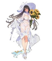 Rule 34 | 1girl, black hair, bra, breasts, buttons, collared dress, commentary request, dress, floating hair, flower, full body, hair intakes, hat, high collar, holding, holding flower, large breasts, long hair, long sleeves, original, sandals, see-through, see-through dress, simple background, skirt hold, solo, standing, starshadowmagician, sun hat, sunflower, underwear, wet, wet clothes, white background, white bra, white dress, white hat, white legwear