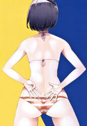 Rule 34 | 1girl, absurdres, arms behind back, ass, bare arms, bare shoulders, bikini, fingernails, from behind, halterneck, harukana receive, highres, legs apart, nyoijizai, official art, scan, shiny skin, short hair, simple background, solo, string bikini, striped, swimsuit, thighs
