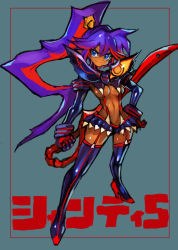 Rule 34 | 1girl, alternate costume, black skirt, black thighhighs, blue background, blue eyes, breasts, closed mouth, colored sclera, cosplay, dakusuta, dark-skinned female, dark skin, frilled skirt, frills, full body, garter straps, gloves, hand on own hip, happy, high heels, high ponytail, highres, holding, holding weapon, kill la kill, long hair, long sleeves, matoi ryuuko, matoi ryuuko (cosplay), medium breasts, microskirt, multicolored hair, navel, orange eyes, pleated skirt, purple hair, red footwear, red hair, revealing clothes, scissor blade (kill la kill), senketsu, shantae, shantae (series), shiny clothes, shoes, simple background, skirt, smile, solo, standing, suspenders, thighhighs, translation request, two-tone hair, very long hair, weapon, yellow sclera, zettai ryouiki