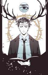 Rule 34 | 1boy, animification, antlers, closed eyes, crown of thorns, formal, highres, horns, male focus, monochrome, rustin cohle, shashi (sakisaki), solo, suit, true detective