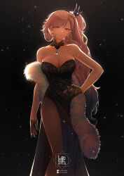Rule 34 | 1girl, breasts, cleavage, dress, earrings, evening gown, flower, fur shawl, gloves, hair flower, hair ornament, highres, hololive, hololive indonesia, jewelry, landacdeus, large breasts, long hair, looking at viewer, pavolia reine, pendant choker, ponytail, shawl, side slit, smile, solo, very long hair, virtual youtuber