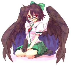 Rule 34 | 1girl, alternate hair length, alternate hairstyle, arm cannon, bad id, bad pixiv id, bespectacled, black hair, black wings, bow, brown eyes, cape, fang, female focus, furorida, glasses, hair bow, looking at viewer, open mouth, puffy sleeves, reiuji utsuho, shirt, short hair, short sleeves, sitting, skirt, solo, third eye, touhou, weapon, wings