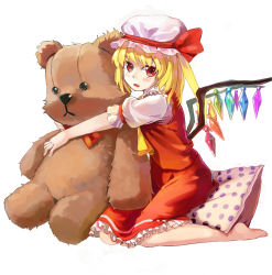 Rule 34 | 1girl, ascot, bad id, bad pixiv id, barefoot, blonde hair, blush, dress, fang, flandre scarlet, full body, gawuwuwu, hat, hat ribbon, highres, hugging doll, hugging object, looking at viewer, mob cap, open mouth, pillow, puffy short sleeves, puffy sleeves, red dress, red eyes, ribbon, shirt, short sleeves, side ponytail, simple background, sitting, solo, stuffed animal, stuffed toy, teddy bear, touhou, wariza, white background, wings
