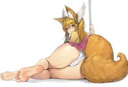 Rule 34 | 1girl, absurdres, animal ear fluff, animal ears, ass, bare legs, barefoot, beige blazer, blonde hair, blue eyes, blush, character request, closed mouth, commentary request, feet, fox ears, fox tail, from behind, full body, hair between eyes, head wings, highres, large tail, long hair, long sleeves, looking at viewer, looking back, no shoes, panties, pink skirt, pole, romana, school uniform, shadow, simple background, skirt, soles, solo, tail, tera online, thighs, toes, twintails, underwear, white background, white panties, wings
