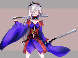 Rule 34 | :d, asashimo (kancolle), bad id, bad pixiv id, baseball bat, cosplay, dual wielding, earrings, fate/grand order, fate (series), grey eyes, hair over one eye, holding, japanese clothes, jewelry, kantai collection, kimono, long hair, looking at viewer, miyamoto musashi, miyamoto musashi (cosplay), miyamoto musashi (fate), miyamoto musashi (fate) (cosplay), miyamoto musashi (third ascension) (fate), open mouth, silver hair, smile, solo, teeth, very long hair, yamaioni (sasakama)