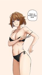 Rule 34 | 1girl, absurdres, black bra, black panties, bra, breasts, brown background, brown hair, collarbone, commission, cowboy shot, english text, girls&#039; frontline, grizzly mkv (girls&#039; frontline), highres, large breasts, looking at viewer, matsu arts, navel, open mouth, panties, purple eyes, side-tie panties, simple background, smile, solo, speech bubble, stomach, underwear