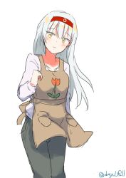 Rule 34 | 1girl, absurdres, alternate costume, apron, brown apron, brown eyes, feet out of frame, floral print, flower, grey pants, hairband, highres, kantai collection, leaning forward, long sleeves, looking at viewer, pants, red hairband, robinson (day l full), shirt, shoukaku (kancolle), simple background, solo, tulip, twitter username, white background, white hair, white shirt