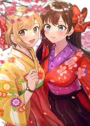 Rule 34 | 2girls, :d, aiba yumi, black hakama, blonde hair, blue eyes, blurry, blush, bow, branch, breasts, brown eyes, brown hair, depth of field, earrings, floral print, flower earrings, hair bow, hakama, hakama skirt, hand up, highres, ichinose shiki, idolmaster, idolmaster cinderella girls, japanese clothes, jewelry, kimono, lips, long hair, looking at viewer, medium breasts, motion blur, multiple girls, open mouth, parted lips, petals, red bow, red hakama, red kimono, sash, short hair, simple background, single sidelock, skirt, smile, tareme, upper body, watch, wenquangua, white background, wristwatch, yellow kimono