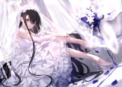 Rule 34 | 1girl, bare legs, bare shoulders, bow, breasts, bridal veil, brown hair, commentary request, detached sleeves, dress, flower, frilled dress, frills, from side, hand on own leg, high heels, highres, indoors, knee up, large bow, long dress, long hair, looking at viewer, mashima saki (mashimasa), medium breasts, original, parted lips, petals, purple eyes, purple flower, resolution mismatch, sidelocks, sitting, sleeveless, sleeveless dress, source smaller, veil, very long hair, wedding dress, white bow, white flower, white footwear, white sleeves