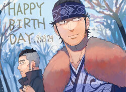 Rule 34 | 2boys, ainu clothes, black eyes, breath, character request, closed mouth, coat, facing to the side, facing viewer, golden kamuy, headband, kisaragireki, light smile, looking to the side, male focus, multiple boys, open mouth, short hair, sideburns, snow on tree, undercut, upper body, winter