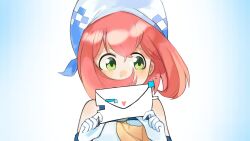 Rule 34 | 1girl, barobakuoikawa, blush, covering own mouth, digimon, digimon linkz, embarrassed, female focus, gloves, green eyes, hat, highres, holding, holding letter, kurihara hina, letter, looking to the side, medium hair, pink hair, solo, upper body, valentine, valentine&#039;s day, white gloves, white hat