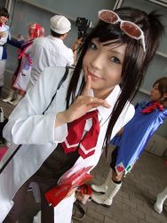 Rule 34 | 1boy, 4girls, ace attorney, apollo justice ace attorney, asian, bag, black hair, blue eyes, capcom, color contacts, cosplay, dutch angle, ema skye, ema skye (cosplay), eyewear on head, finger to mouth, handbag, lab coat, long hair, looking at viewer, miasa, multiple girls, namada, outdoors, photo (medium), smile, solo focus, sunglasses, trucy wright, trucy wright (cosplay), vest