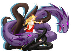 Rule 34 | 1girl, blonde hair, bracelet, character request, fangs, full body, graphite (medium), greek mythology, horns, jewelry, long hair, mechanical pencil, midriff, navel, open mouth, original, pencil, purple eyes, red eyes, scales, shawl, simple background, snake, standing, tachi-e, traditional media, white background, yustinos