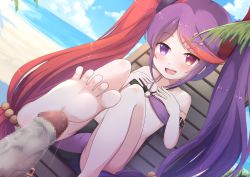 Rule 34 | 1girl, barefoot, beach, bikini, blush, cameltoe, censored, chair, feet, footjob, heterochromia, highres, long hair, looking at viewer, lounge chair, misaki (princess connect!), mosaic censoring, multicolored hair, open mouth, penis, precum, princess connect!, purple eyes, purple hair, red eyes, soles, swimsuit, toes, twintails, two-tone hair