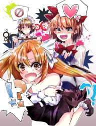 Rule 34 | !, 3girls, ankle socks, bare legs, bare shoulders, bat wings, blonde hair, bow, covering privates, covering chest, crossed arms, fang, forced, gengetsu (touhou), hair ribbon, heart, highres, katayama kei, kurumi (touhou), looking at viewer, maid headdress, mary janes, mugetsu (touhou), multicolored background, multiple girls, no symbol, open mouth, pointy ears, red bow, red hair, ribbon, rope, shoes, skirt, socks, speech bubble, spoken exclamation mark, spoken heart, tears, touhou, touhou (pc-98), twintails, undressing, wings, yellow eyes