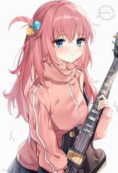 Rule 34 | blue eyes, blush, bocchi the rock!, closed mouth, cube hair ornament, dot nose, embarrassed, gotoh hitori, guitar, guzangnanfeng, hair ornament, holding, holding instrument, hugging object, instrument, jacket, long hair, long sleeves, looking at viewer, pink hair, pink jacket, pink sleeves, school uniform, shuka high school uniform, shy, simple background, trembling, upper body, white background