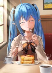 Rule 34 | 1girl, absurdres, ahoge, blue hair, butter, cafe, closed eyes, coffee mug, coppelion1991, cup, drawing (object), eating, elf, facing viewer, food, fork, hair between eyes, highres, holding, holding fork, holding knife, hololive, jewelry, knife, long hair, long sleeves, mug, multicolored hair, necklace, pancake, picture frame, plate, pointy ears, pov dating, smile, solo, steam, streaked hair, sunlight, syrup, twintails, virtual youtuber, window, yukihana lamy, yukihana lamy (casual)