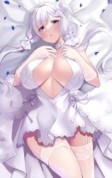 Rule 34 | 1girl, azur lane, bare shoulders, blue eyes, blush, breasts, cleavage, dress, elbow gloves, garter straps, gloves, hair ornament, highres, illustrious (azur lane), illustrious (morning star of love and hope) (azur lane), large breasts, long hair, lying, mole, mole under eye, on back, parted lips, solo, thighhighs, thighs, wee (weeyy), white dress, white gloves, white hair, white thighhighs
