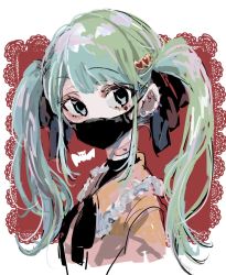 Rule 34 | 1girl, 3774., aqua eyes, aqua hair, bat (animal), black neckwear, black ribbon, commentary, covered mouth, dress, earrings, frilled dress, frills, hair ornament, hair ribbon, hatsune miku, heart, heart hair ornament, jewelry, lace background, long hair, looking at viewer, mask, mouth mask, pink dress, red background, ribbon, sketch, solo, twintails, upper body, vampire (vocaloid), vocaloid