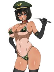Rule 34 | 1girl, animal collar, arm belt, bikini, black gloves, black hair, black thighhighs, blue eyes, blush, bob cut, breasts, bursting breasts, camouflage, camouflage bikini, cleavage, collar, contrapposto, dark-skinned female, dark skin, elbow gloves, gloves, grin, hand on own hip, hat, highres, huge breasts, kagemusha, large breasts, looking at viewer, micro bikini, military hat, navel, one-piece tan, original, peaked cap, riding crop, short hair, simple background, skindentation, smile, solo, standing, strap gap, swimsuit, tan, tanline, thighhighs, thighs, tight clothes, underboob, white background