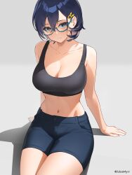 Rule 34 | 1girl, 3:, absurdres, alternate costume, arm support, black hair, black shorts, blue archive, breasts, chihiro (blue archive), cleavage, collarbone, commentary request, denim, denim shorts, futsukayoi, glasses, grey background, grey eyes, hair between eyes, hair ornament, highres, large breasts, looking at viewer, navel, rabbit hair ornament, short hair, shorts, sidelocks, simple background, sitting, solo, sports bra, stomach