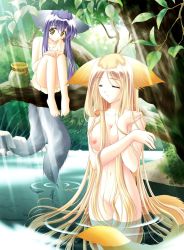 Rule 34 | 2girls, animal, animal ears, barefoot, bath, bathing, blonde hair, blue hair, breasts, closed eyes, day, dog ears, dog tail, dress, feet, fish, fox ears, groin, highres, in tree, jar, koma, koma (tail tale), large breasts, leaf, light rays, long hair, louis&amp;visee, multiple girls, multiple tails, nature, nipples, nude, outdoors, sitting, sitting in tree, smile, soro (tail tale), sunbeam, sunlight, tail, tail tale, tree, very long hair, wading, water, yellow eyes, zenra