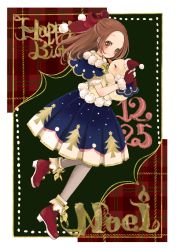 Rule 34 | 1girl, aikatsu!, aikatsu! (series), aikatsu on parade!, alternate hair color, birthday, blue dress, boots, border, bow, bowtie, brown eyes, brown hair, capelet, character name, christmas, christmas tree, commentary, dated, dress, footwear bow, forehead, from side, full body, fur trim, gloves, gold trim, green background, hair bow, hair intakes, half updo, happy birthday, highres, holding snowman, koedo, long hair, looking at viewer, looking to the side, multicolored clothes, multicolored dress, otoshiro noel, outside border, pantyhose, pink dress, plaid, plaid background, pleated dress, pom pom (clothes), red background, red bow, red footwear, red gloves, shoes, sideways glance, snow print, snowman, solo, star (symbol), star print, tree print, white border, white dress, white pantyhose, yellow bow, yellow bowtie