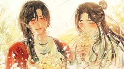 Rule 34 | bishounen, black hair, bug, butterfly, butterfly necklace, chinese clothes, closed eyes, flower, ggang gr, grin, hanfu, happy, highres, holding, holding flower, hua cheng, insect, long sleeves, male focus, open mouth, red eyes, sidelocks, smile, string, string of fate, tianguan cifu, white butterfly, xie lian