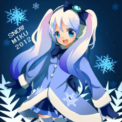 Rule 34 | 1girl, blue eyes, blue hair, bow, coat, hair bow, hatsune miku, matching hair/eyes, open mouth, skirt, smile, solo, thighhighs, twintails, vocaloid, yuki miku