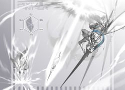 Rule 34 | 1boy, afterimage, armor, boots, bythne raq e argnes, cape, copyright name, diagram, full body, gauntlets, glowing, glowing weapon, greyscale, hexahydrate, holding, holding weapon, knee boots, lance, monochrome, original, pixiv fantasia, pixiv fantasia t, polearm, simple background, spot color, weapon