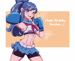 Rule 34 | 1girl, :d, amazu (kurozu), bike shorts, black shorts, blue eyes, blue hair, blue sailor collar, blue skirt, boxing gloves, breasts, commentary, crop top, english commentary, hand up, long hair, looking at viewer, lower teeth only, medium breasts, navel, neckerchief, open mouth, orange background, original, pleated skirt, ponytail, red neckerchief, sailor collar, shirt, short shorts, shorts, shorts under skirt, skirt, sleeveless, sleeveless shirt, smile, solo, teeth, two-tone background, upper teeth only, very long hair, white background, white shirt