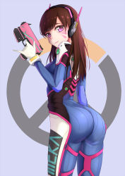 Rule 34 | 1girl, absurdres, alternate eye color, armor, ass, bodysuit, breasts, brown eyes, brown hair, closed mouth, clothes writing, d.va (overwatch), emblem, facepaint, facial mark, finger on trigger, from behind, gloves, gun, handgun, headphones, high collar, highres, holding, holding gun, holding weapon, jinji de guai shushu, lips, long hair, looking at viewer, looking back, medium breasts, overwatch, overwatch 1, pilot suit, pink eyes, pink lips, pinky out, purple background, shoulder pads, sideboob, simple background, skin tight, smile, solo, swept bangs, turtleneck, weapon, whisker markings, white gloves