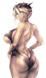 Rule 34 | 1girl, absurdres, artoria pendragon (fate), artoria pendragon (lancer alter) (fate), ass, back, black leotard, blonde hair, braid, breasts, butt crack, commentary request, crown, dark persona, fate/grand order, fate (series), french braid, from behind, hair between eyes, halterneck, highres, hometa, large breasts, leotard, looking at viewer, looking back, sideboob, solo, underboob, yellow eyes