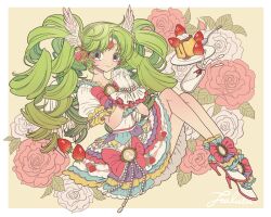 Rule 34 | 1girl, border, bottle, bow, brown background, closed mouth, colored eyelashes, dress, drill hair, falulu, floral background, flower, food, forehead jewel, frilled dress, frills, fruit, full body, gloves, green hair, grey eyes, hands up, headphones, high heels, idol clothes, knees up, layered dress, lolita fashion, long hair, looking at viewer, meremero, milk bottle, own hands clasped, own hands together, parted bangs, pink bow, pink flower, pink rose, plate, pretty series, pripara, pudding, rose, sidelocks, sitting, smile, solo, strawberry, twin drills, twintails, very long hair, white dress, white flower, white gloves, white rose, wing hair ornament