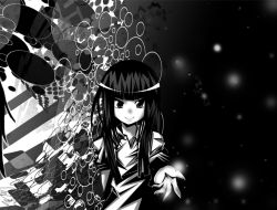 Rule 34 | 1girl, abstract, bad id, bad pixiv id, blunt bangs, dress, greyscale, haruhara, long sleeves, looking at viewer, monochrome, monoe, outstretched arms, sidelocks, solo, upper body, yume nikki