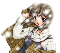 Rule 34 | 1girl, blue eyes, brown hair, kanon, looking at viewer, misaka shiori, plaid, shawl, shirt, short hair, simple background, smile, snow, snowing, solo, sweater, takahashi ren, triangle mouth, upper body, white background, white shirt