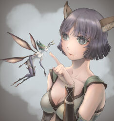 Rule 34 | 2girls, animal ear fluff, animal ears, antennae, adventurer (ff11), breasts, bright pupils, cactus41747280, cat ears, cat girl, cleavage, closed mouth, collarbone, facial mark, fairy, final fantasy, final fantasy xi, green hair, grey eyes, grey hair, hand up, highres, index finger raised, insect wings, medium breasts, mini person, minigirl, mithra (ff11), multiple girls, no eyebrows, no nipples, pink lips, short hair, smile, whisker markings, white pupils, wings